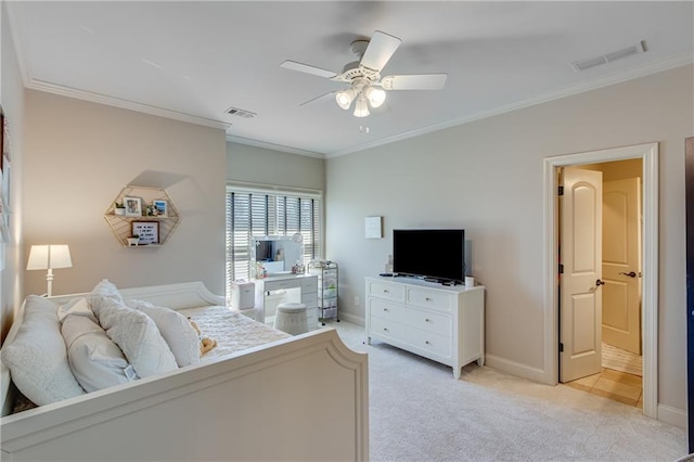 bedroom featuring light carpet, baseboards, visible vents, and crown molding