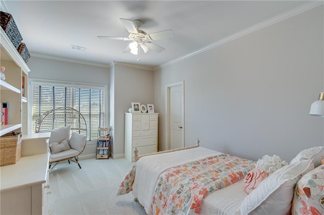 bedroom featuring baseboards, visible vents, ceiling fan, crown molding, and carpet floors