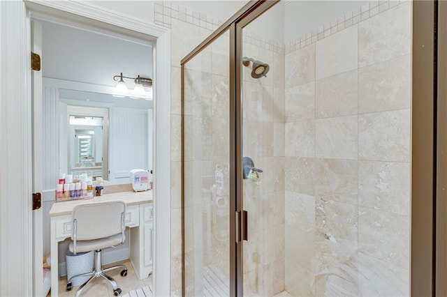 full bathroom featuring a shower stall and vanity