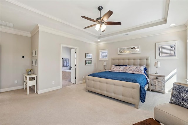 bedroom with a tray ceiling, light colored carpet, crown molding, and multiple windows