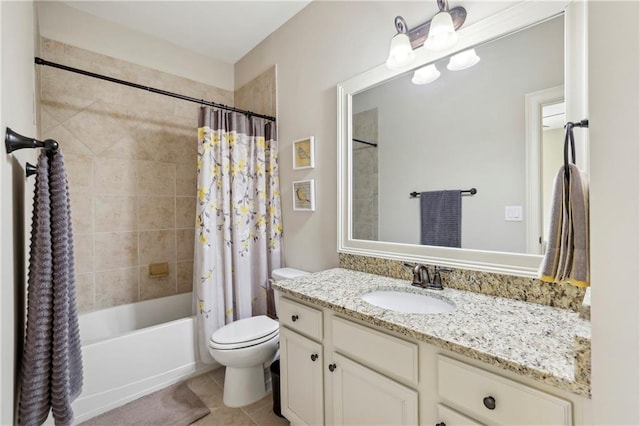 bathroom with shower / tub combo, vanity, toilet, and tile patterned floors