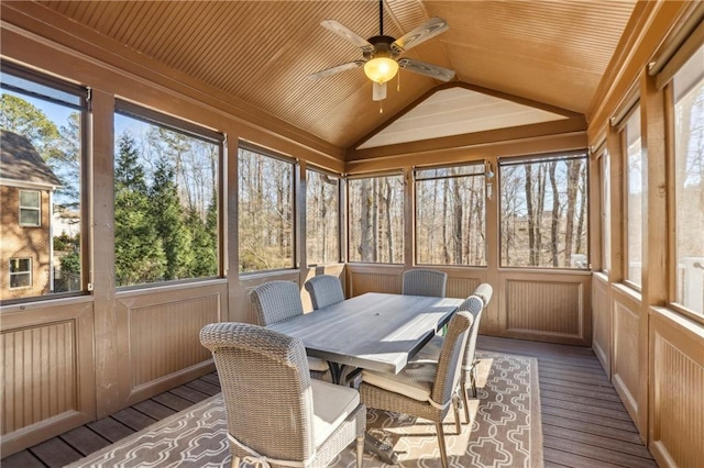 sunroom / solarium with lofted ceiling, wooden ceiling, and ceiling fan