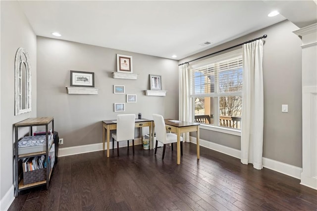 office with dark wood-type flooring, recessed lighting, and baseboards