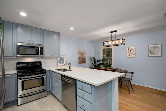 1445 Monroe Dr NE Unit C13, Atlanta, GA 30324 - kitchen featuring stainless steel appliances, a sink, a peninsula, gray cabinetry, and tasteful backsplash
