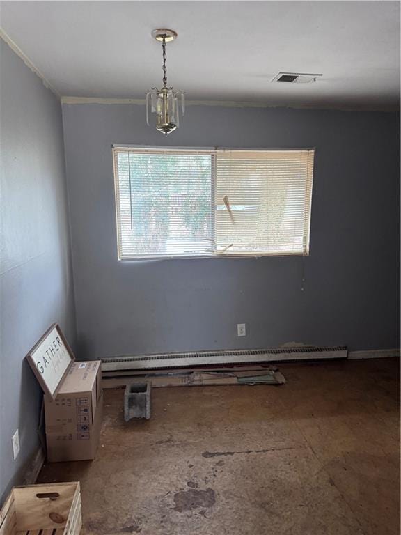 unfurnished room with ornamental molding, an inviting chandelier, and baseboard heating