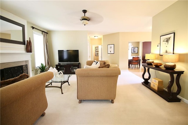 318 Ivy Manor Dr NW, Marietta, GA 30064 - living area featuring ceiling fan, light carpet, and a premium fireplace