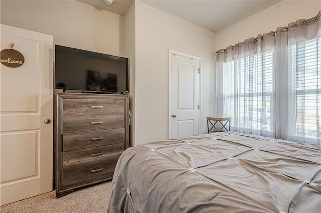 bedroom with light colored carpet and multiple windows