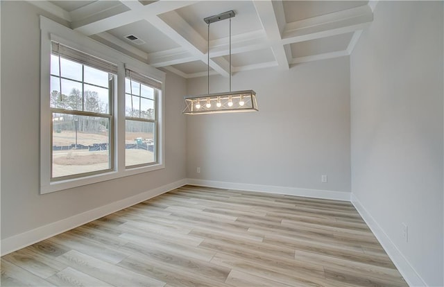 unfurnished dining area featuring light wood finished floors, baseboards, and visible vents