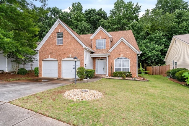 view of front of house with a garage and a front lawn