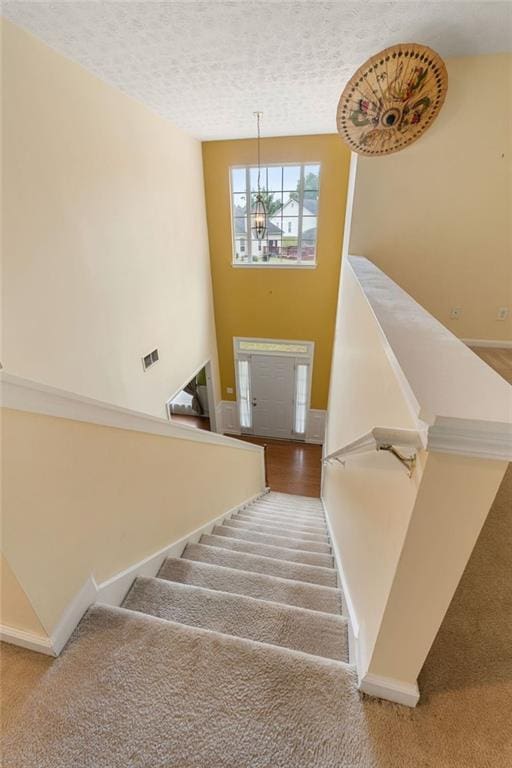 stairway featuring carpet and a textured ceiling