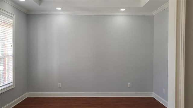 unfurnished room with ornamental molding, recessed lighting, baseboards, and dark wood-type flooring