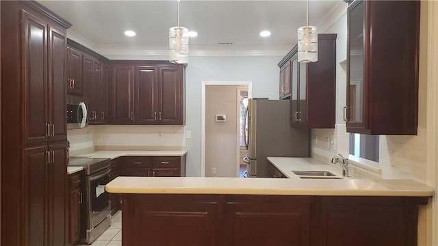 kitchen with stainless steel appliances, a peninsula, ornamental molding, and light countertops