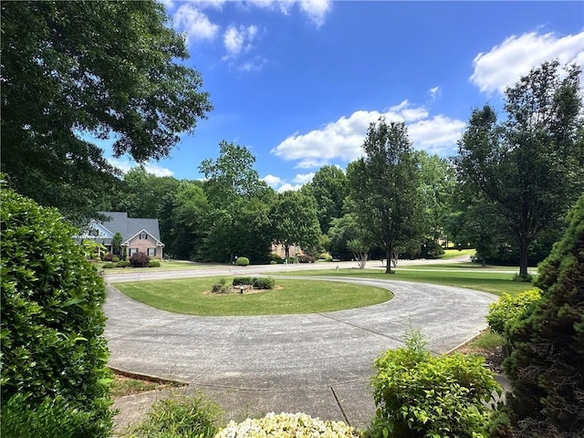 view of property's community with curved driveway and a yard