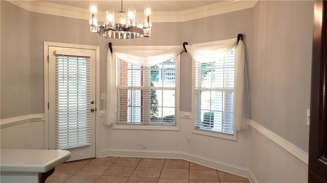unfurnished dining area featuring light tile patterned floors, crown molding, and a notable chandelier