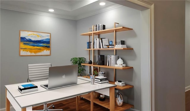 home office featuring ornamental molding, recessed lighting, wood finished floors, and baseboards