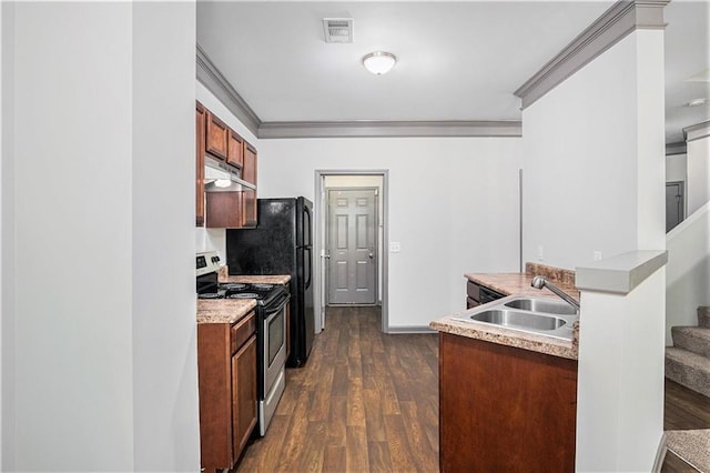 876 Ivydale Ln Unit 63, Lawrenceville, GA 30045 - kitchen with stainless steel electric range oven, a sink, ornamental molding, dark wood finished floors, and under cabinet range hood