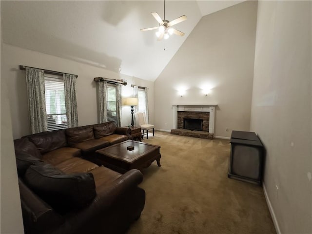 111 Bexley Ln, Douglasville, GA 30134 - carpeted living area with a ceiling fan, high vaulted ceiling, a fireplace, and baseboards