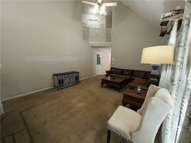 111 Bexley Ln, Douglasville, GA 30134 - living area featuring ceiling fan, carpet floors, high vaulted ceiling, and baseboards