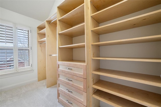 spacious closet featuring light carpet