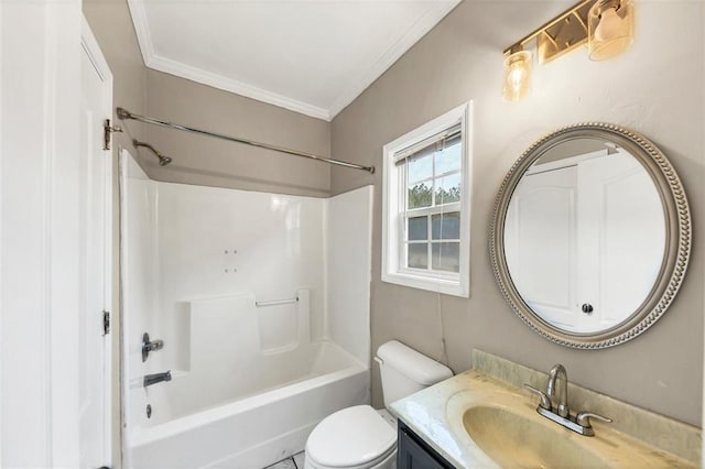 full bathroom with vanity, crown molding, toilet, and shower / bath combination