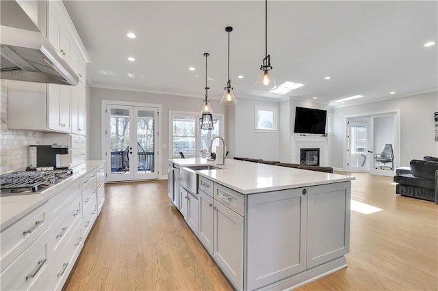 kitchen with light hardwood / wood-style floors, a wealth of natural light, and backsplash