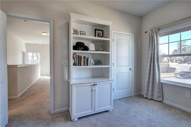 interior space with baseboards and light carpet