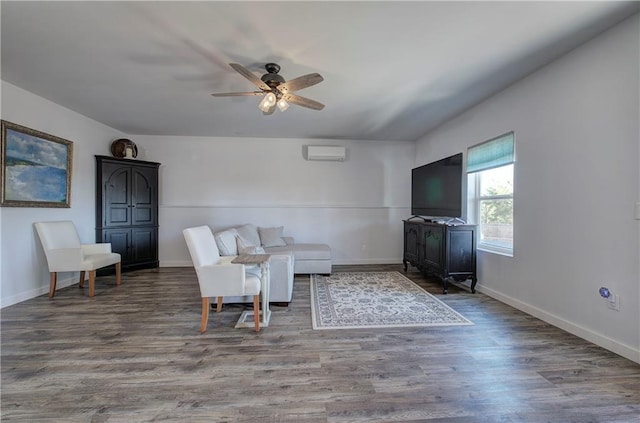 unfurnished living room with hardwood / wood-style flooring, ceiling fan, and an AC wall unit