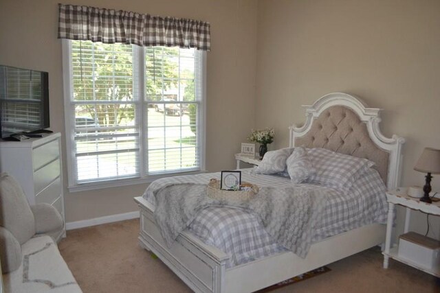 bedroom with light carpet