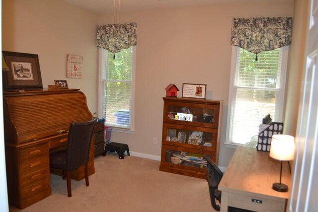 office area with plenty of natural light, ceiling fan, and carpet