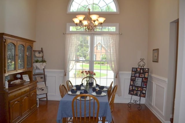 dining space with an inviting chandelier and dark wood-type flooring