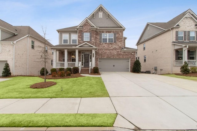 craftsman-style home with a porch, a garage, and a front lawn