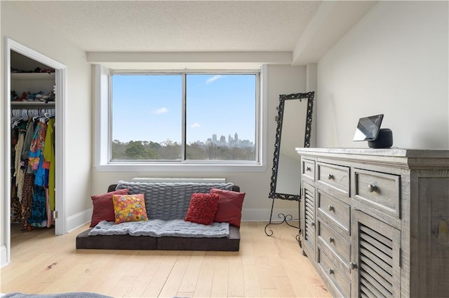 sitting room with a textured ceiling and light wood-type flooring