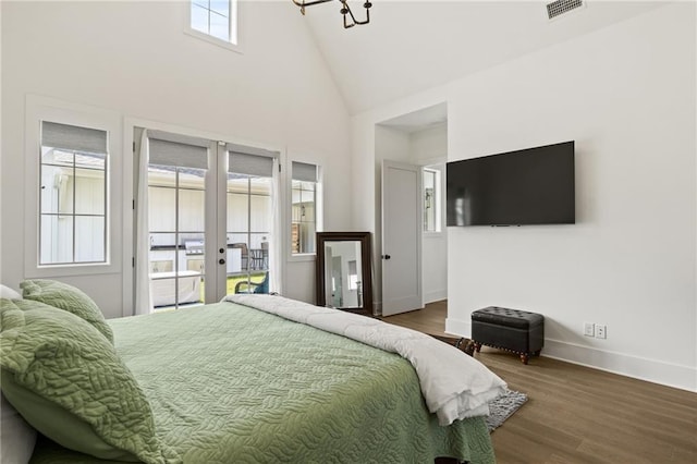 bedroom featuring visible vents, baseboards, dark wood-type flooring, and access to outside