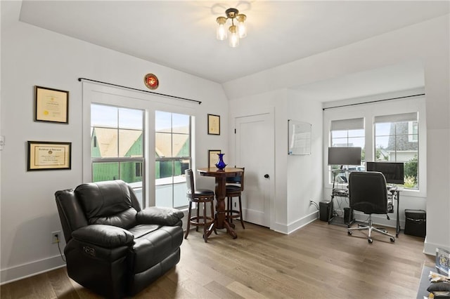 home office with wood finished floors, a healthy amount of sunlight, and baseboards