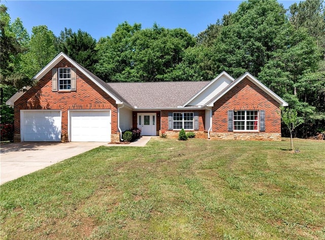 ranch-style home with french doors, a garage, brick siding, a front lawn, and concrete driveway