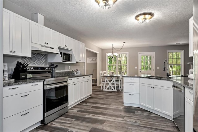 kitchen featuring under cabinet range hood, white cabinets, appliances with stainless steel finishes, and a sink