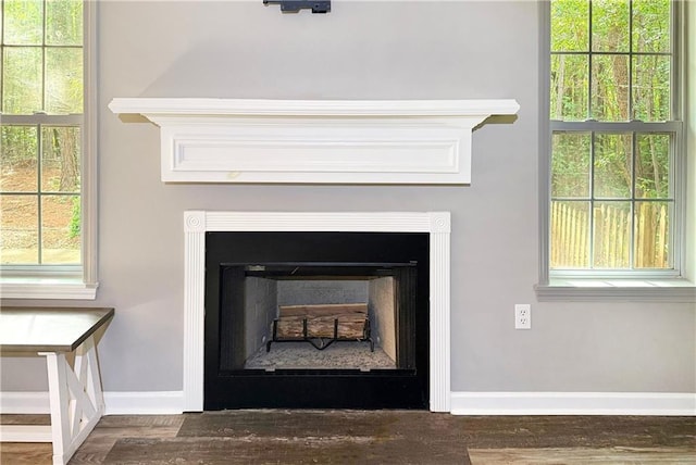 interior details with baseboards, a fireplace, and wood finished floors