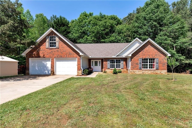 ranch-style house with concrete driveway, brick siding, an attached garage, and a front lawn