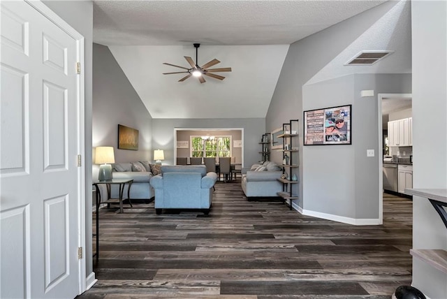 living room featuring dark wood-style flooring, high vaulted ceiling, a ceiling fan, baseboards, and visible vents