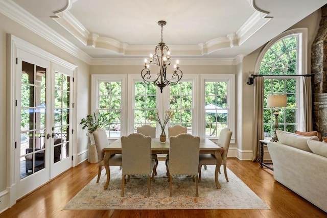 dining area featuring french doors, a tray ceiling, wood-type flooring, a chandelier, and plenty of natural light