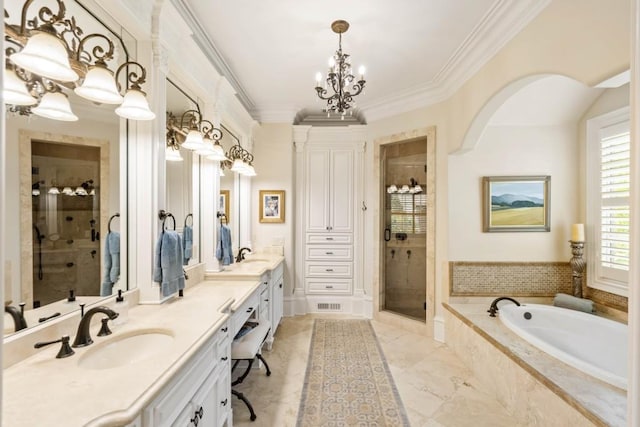 bathroom featuring crown molding, vanity, independent shower and bath, and an inviting chandelier