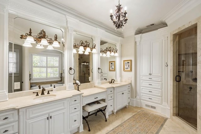 bathroom with tile patterned flooring, a notable chandelier, vanity, independent shower and bath, and ornamental molding