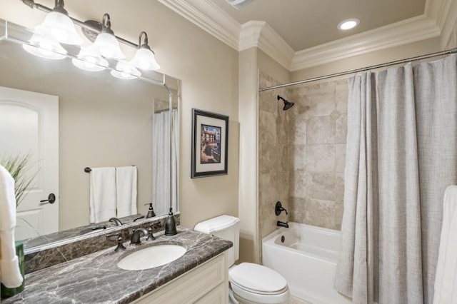 full bathroom featuring shower / tub combo, vanity, toilet, and ornamental molding