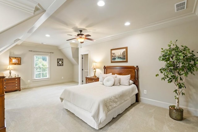 bedroom with light colored carpet, ceiling fan, and ornamental molding