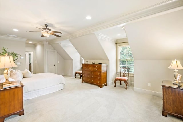 carpeted bedroom with ceiling fan and crown molding