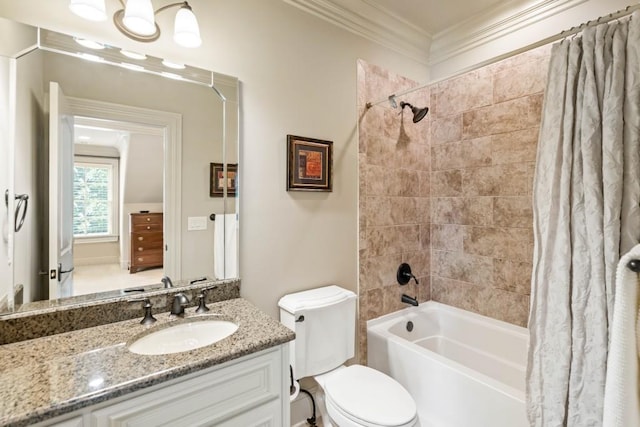 full bathroom with shower / bath combo with shower curtain, vanity, toilet, and ornamental molding