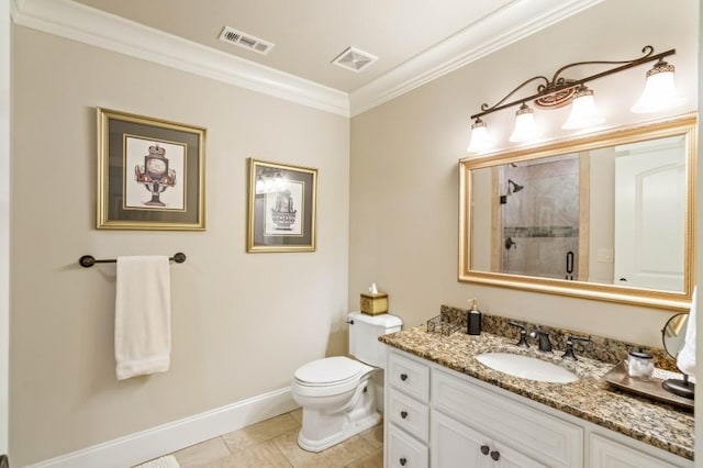 bathroom featuring tile patterned flooring, toilet, vanity, a shower with shower door, and ornamental molding