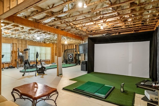 playroom with golf simulator