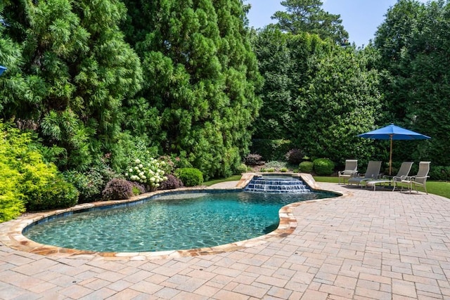 view of pool featuring a patio area and an in ground hot tub