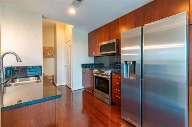 kitchen featuring stainless steel appliances, dark hardwood / wood-style floors, sink, and backsplash